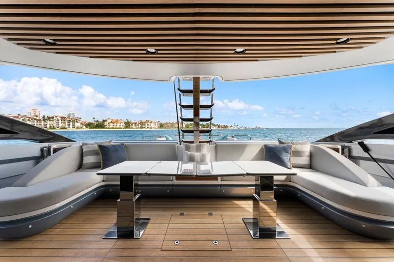 Latitude Yacht Photos Pics Luxurious 2022 Azimut S10 yacht interior with elegant seating and ocean view.