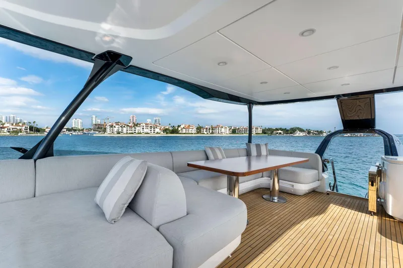 Latitude Yacht Photos Pics Luxurious 2022 Azimut S10 yacht with elegant seating and scenic waterfront view.