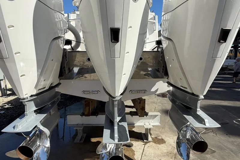  Yacht Photos Pics 2017 Fountain 38 Sportfish Cruiser with triple outboard engines, rear view.