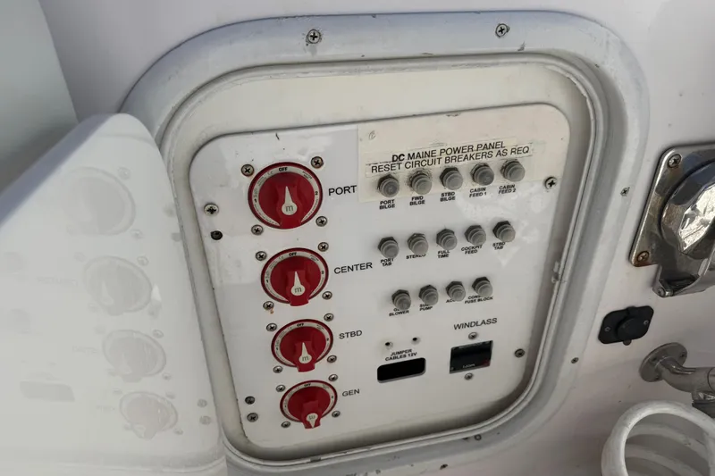  Yacht Photos Pics Control panel of a 2017 Fountain 38 Sportfish Cruiser with circuit breakers and switches.