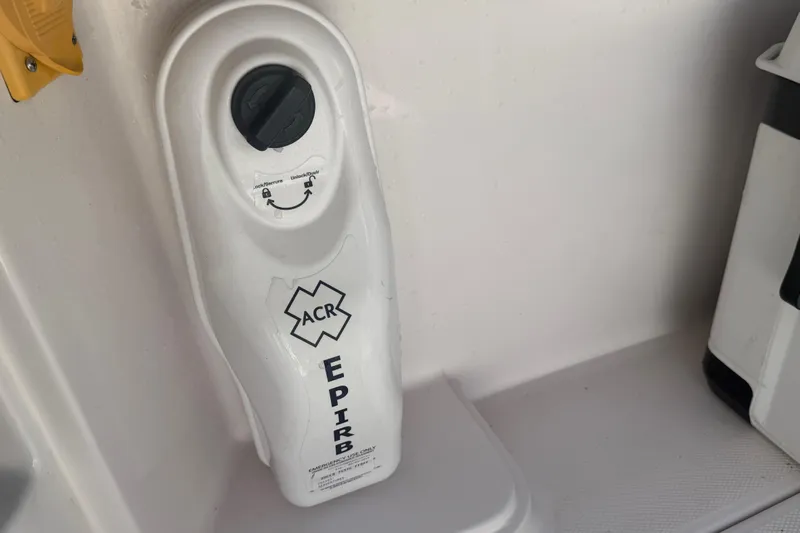  Yacht Photos Pics EPIRB device on 2017 Fountain 38 Sportfish Cruiser for emergency location signaling.