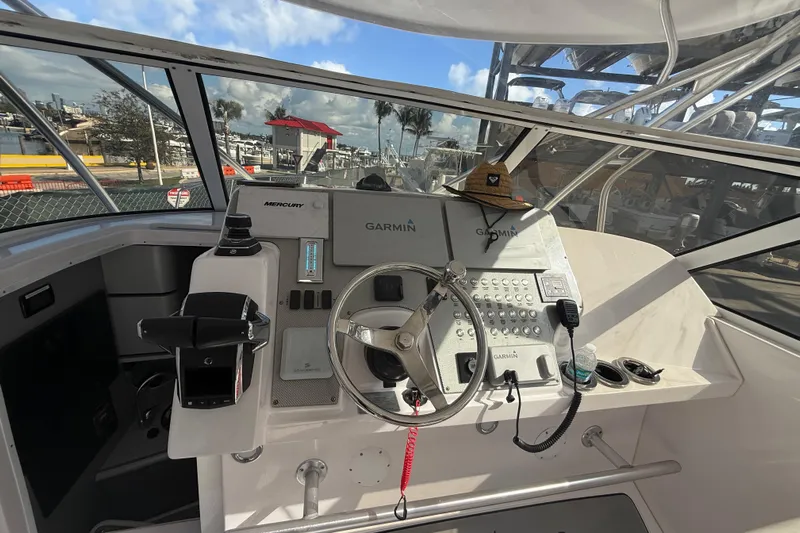  Yacht Photos Pics Cockpit of 2017 Fountain 38 Sportfish Cruiser with Garmin navigation system.