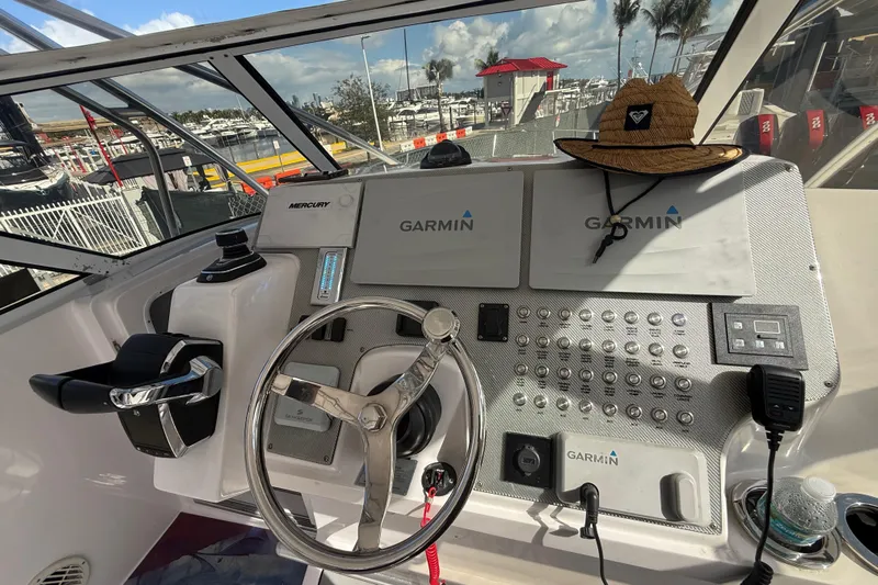  Yacht Photos Pics Control panel of a 2017 Fountain 38 Sportfish Cruiser with Garmin navigation systems.