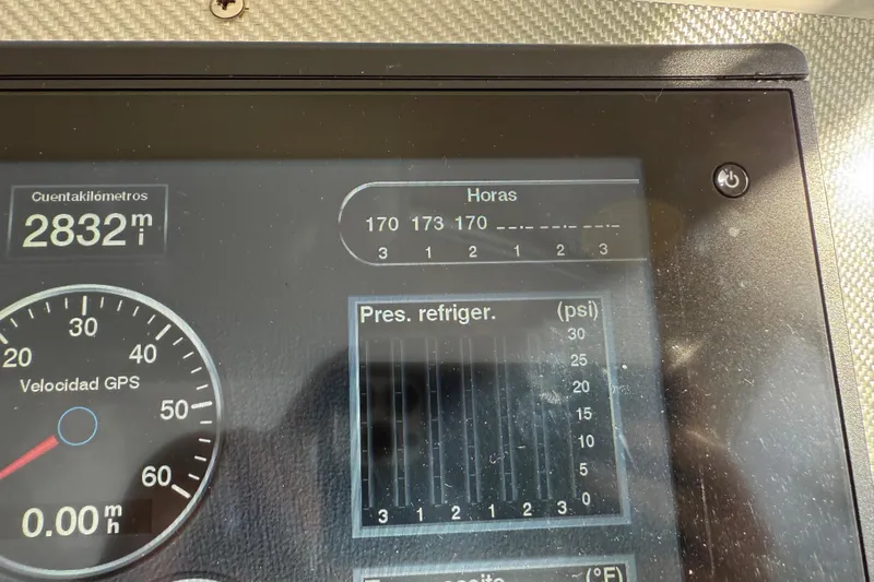  Yacht Photos Pics Dashboard of 2017 Fountain 38 Sportfish Cruiser showing GPS speed and engine hours.