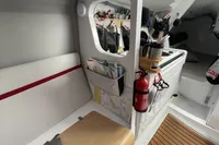 Interior of 2020 Dehler 30 sailboat with modern design and wooden flooring.