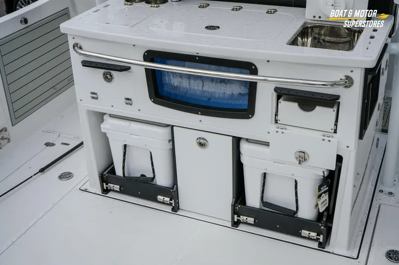  Yacht Photos Pics 2026 Blackfin 332 CC boat interior with storage compartments and sink.