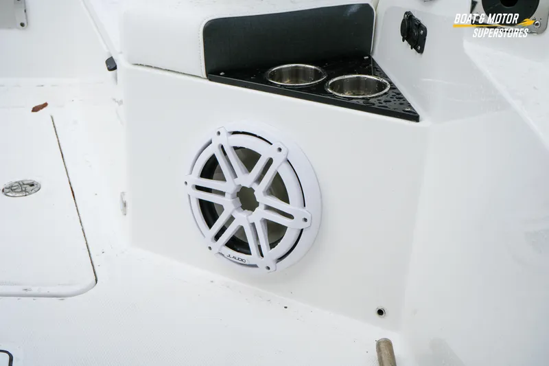  Yacht Photos Pics 2026 Blackfin 332 CC boat interior with JL Audio speaker and cup holders.