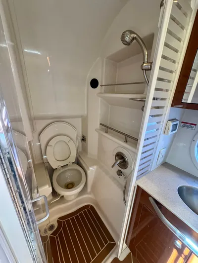 Pendragon Yacht Photos Pics 2009 Sea Ray 350 Sundancer bathroom with toilet, shower, and sink.