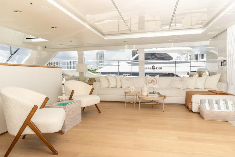 Fat Cat Yacht Photos Pics Luxurious interior of 2024 Sunreef 80 Power yacht with modern furnishings and elegant decor.