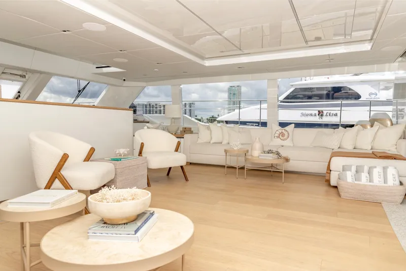 Fat Cat Yacht Photos Pics Luxurious interior of 2024 Sunreef 80 Power yacht with elegant seating and decor.