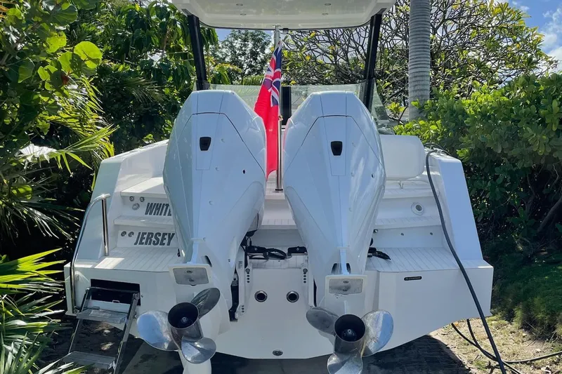  Yacht Photos Pics 2019 IGUANA Yachts Commuter with dual engines, docked amidst lush greenery.