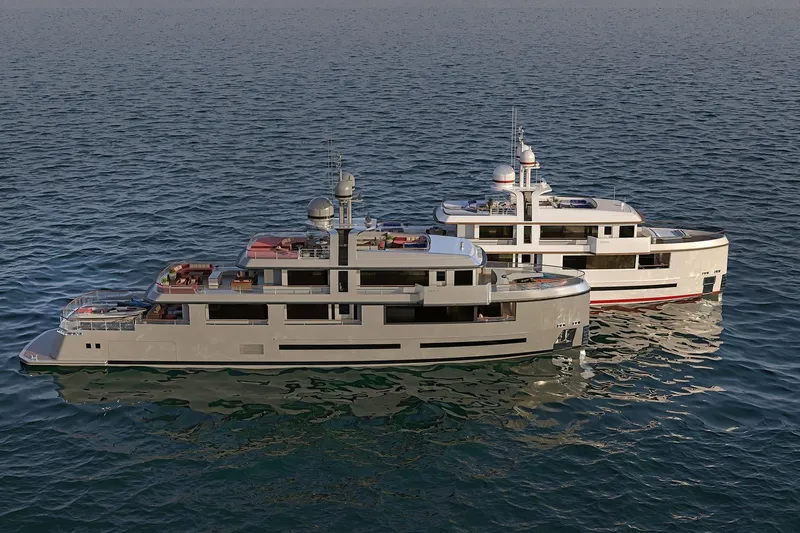 Phobos Yacht Photos Pics Two luxurious Aegean Yacht 43m vessels on calm ocean waters, 2028 model.