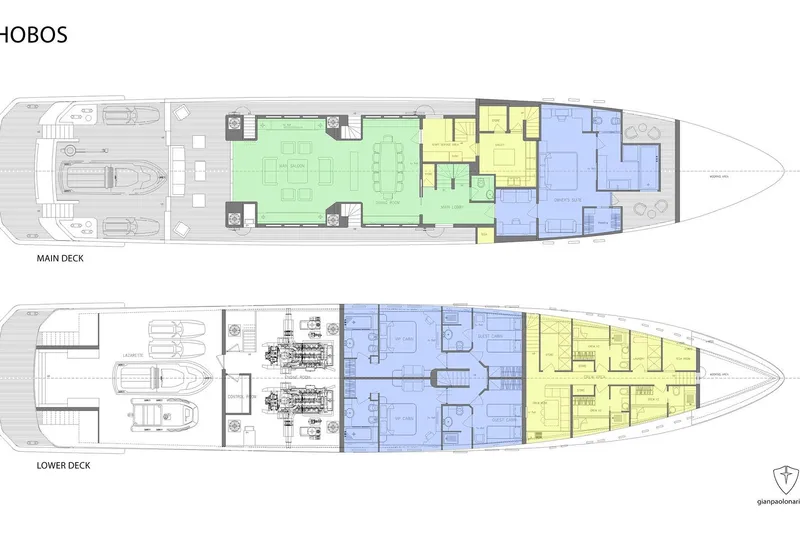 Phobos Yacht Photos Pics Floor plan of Aegean Yacht 43m, 2028 model, showing main and lower decks layout.