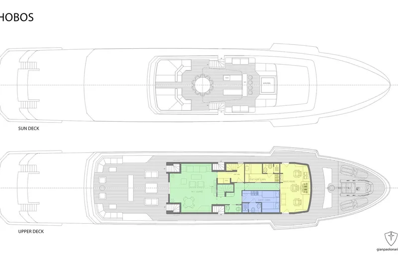 Phobos Yacht Photos Pics Deck layout of Aegean Yacht 43m, 2028 model, featuring sun and upper decks.