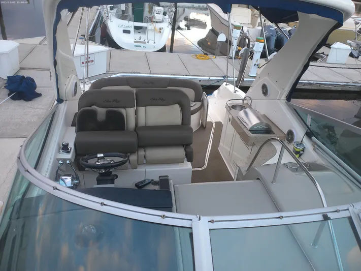 Stella Nautica Yacht Photos Pics Interior view of 2015 Sea Ray 330 Sundancer boat at dock.