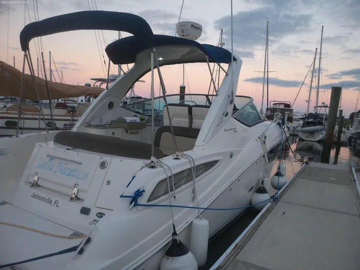 Stella Nautica Yacht Photos Pics 2015 Sea Ray 330 Sundancer docked at marina during sunset.