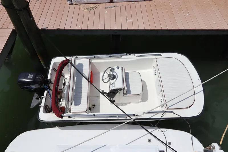 Fitz Perfectly Yacht Photos Pics 2001 Navigator 4800 CLASSIC boat docked at a marina, aerial view.