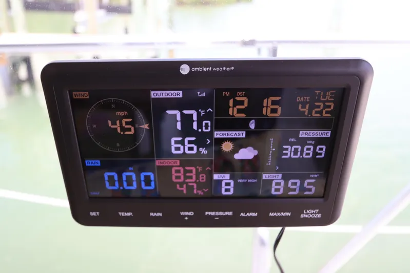 Fitz Perfectly Yacht Photos Pics Digital weather station display showing temperature, humidity, wind speed, and barometric pressure.