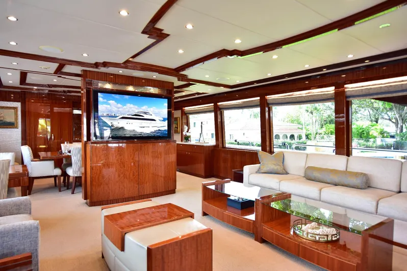 Renaissance Yacht Photos Pics Luxurious interior of 2016 Hargrave 116 RPH yacht with elegant wood finishes and modern furnishings.