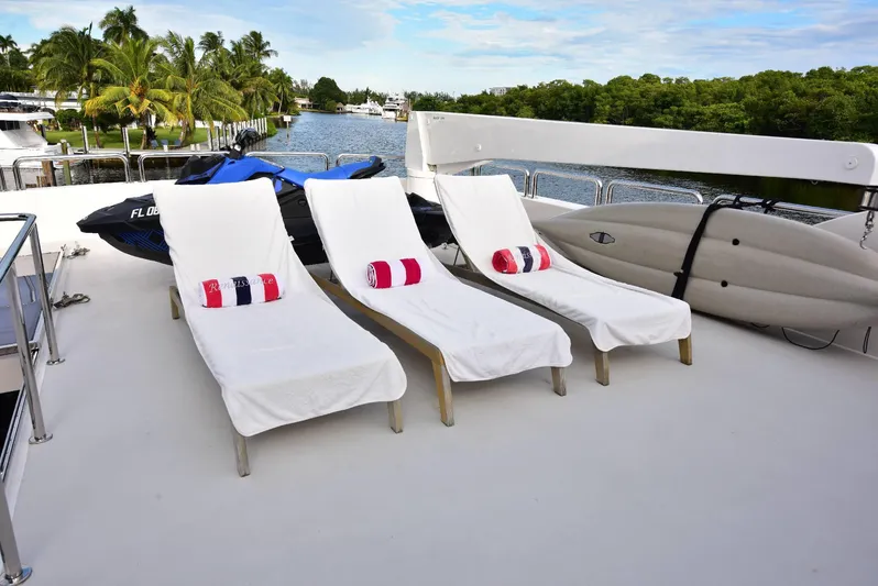 Renaissance Yacht Photos Pics Luxury yacht deck with sun loungers, jet skis, and scenic waterway view. Hargrave 116 RPH, 2016.