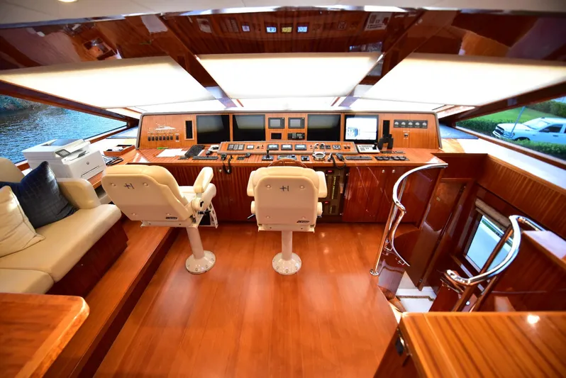 Renaissance Yacht Photos Pics Luxurious helm of 2016 Hargrave 116 RPH yacht with plush seating and advanced controls.
