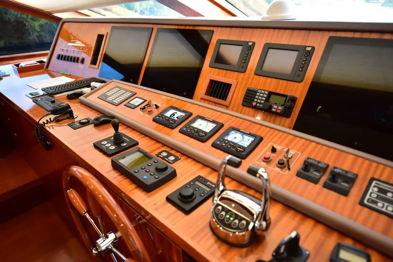 Renaissance Yacht Photos Pics Control panel of 2016 Hargrave 116 RPH yacht with navigation instruments and displays.