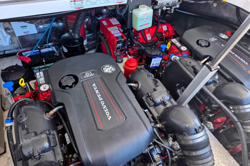 Willowbender Yacht Photos Pics Engine compartment of a 2019 Regal 35 Sport Coupe with Volvo Penta components.