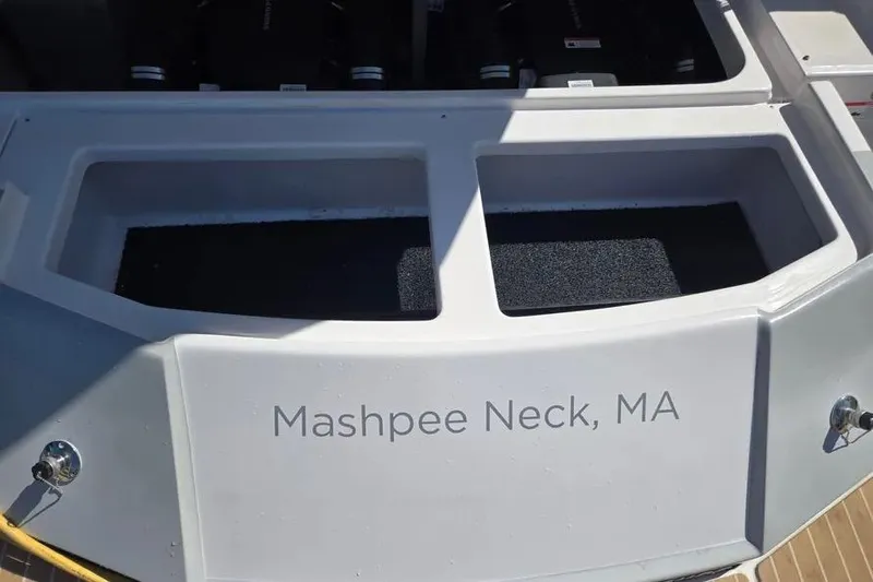Willowbender Yacht Photos Pics 2019 Regal 35 Sport Coupe boat stern with "Mashpee Neck, MA" text.