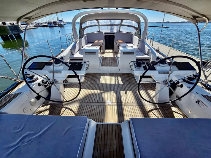 Trois Vignes Yacht Photos Pics 2015 Jeanneau Aft Cockpit yacht with dual steering wheels and spacious deck.