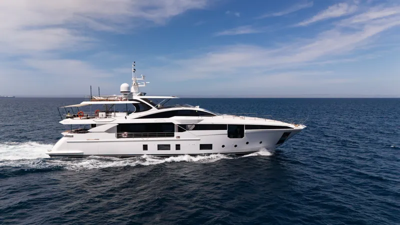  Yacht Photos Pics Luxury Azimut Grande 35 Metri yacht cruising on open sea, 2019 model.