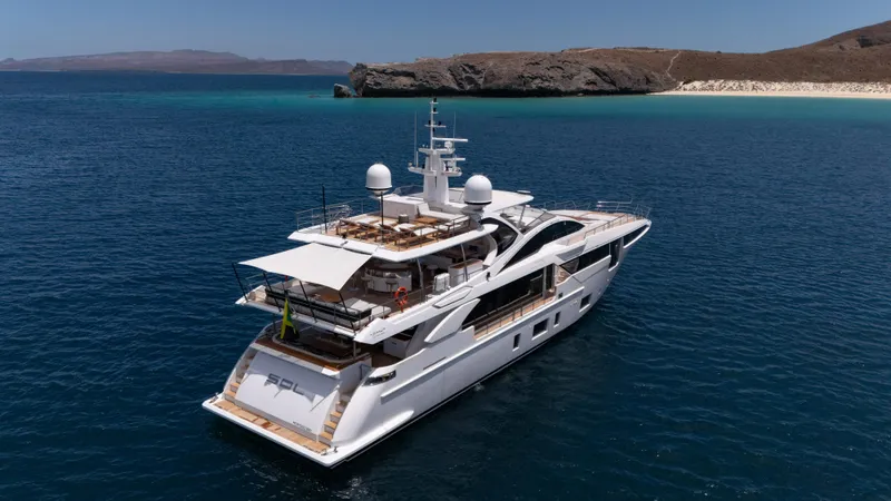  Yacht Photos Pics Luxury Azimut Grande 35 Metri yacht, 2019 model, cruising in clear blue waters.