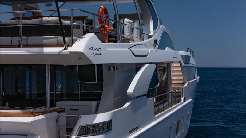  Yacht Photos Pics Luxury Azimut Grande 35 Metri yacht, 2019 model, cruising on open sea.