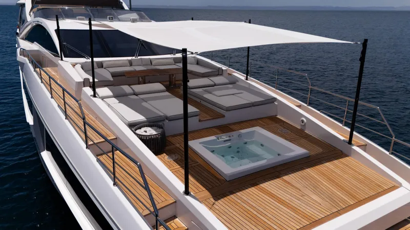  Yacht Photos Pics Luxurious 2019 Azimut Grande 35 Metri yacht deck with sun loungers and jacuzzi.