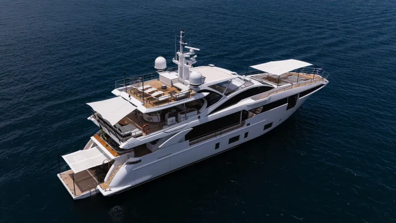  Yacht Photos Pics Luxurious 2019 Azimut Grande 35 Metri yacht cruising on open sea.