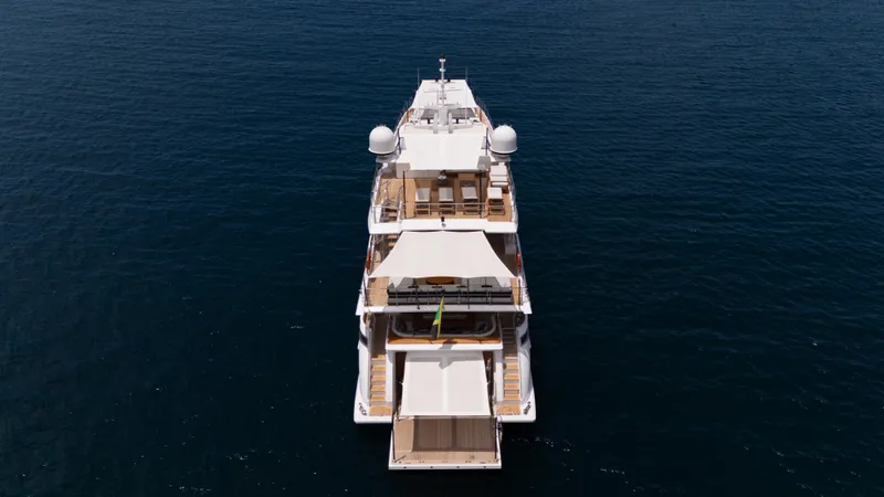  Yacht Photos Pics Luxury yacht Azimut Grande 35 Metri 2019 on open sea, aerial view.