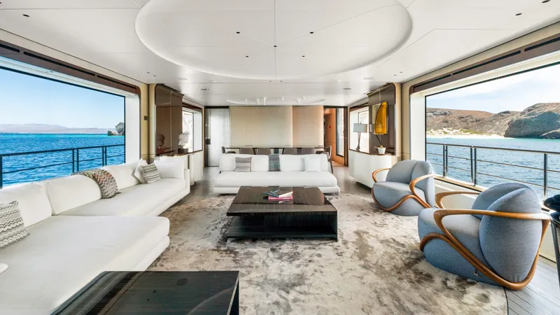  Yacht Photos Pics Luxurious interior of 2019 Azimut Grande 35 Metri yacht with ocean view.