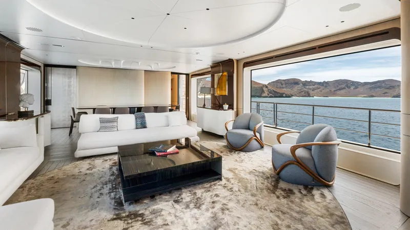  Yacht Photos Pics Luxurious interior of 2019 Azimut Grande 35 Metri yacht with panoramic ocean view.