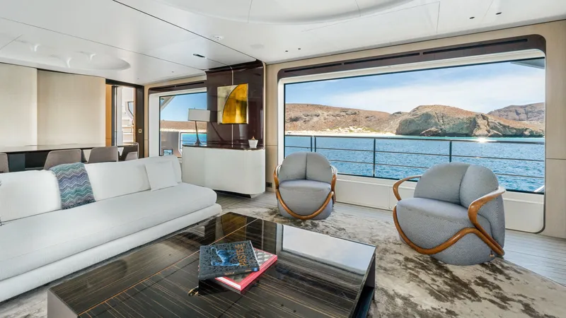  Yacht Photos Pics Luxurious interior of 2019 Azimut Grande 35 Metri yacht with ocean view.