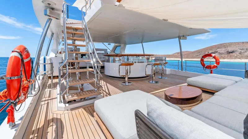  Yacht Photos Pics Luxurious deck of 2019 Azimut Grande 35 Metri yacht with seating and bar area.