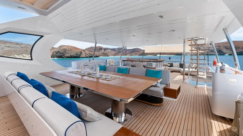  Yacht Photos Pics Luxurious 2019 Azimut Grande 35 Metri yacht deck with elegant seating and ocean view.