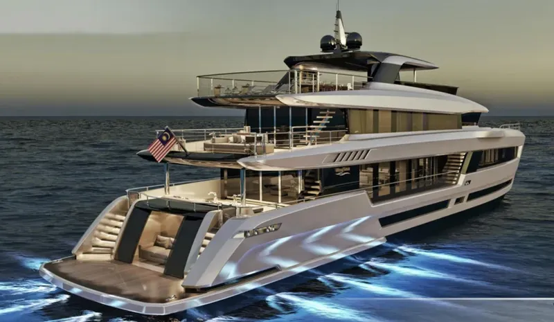  Yacht Photos Pics Luxury Heysea Asteria 142 yacht, 2023 model, cruising at sunset on open sea.