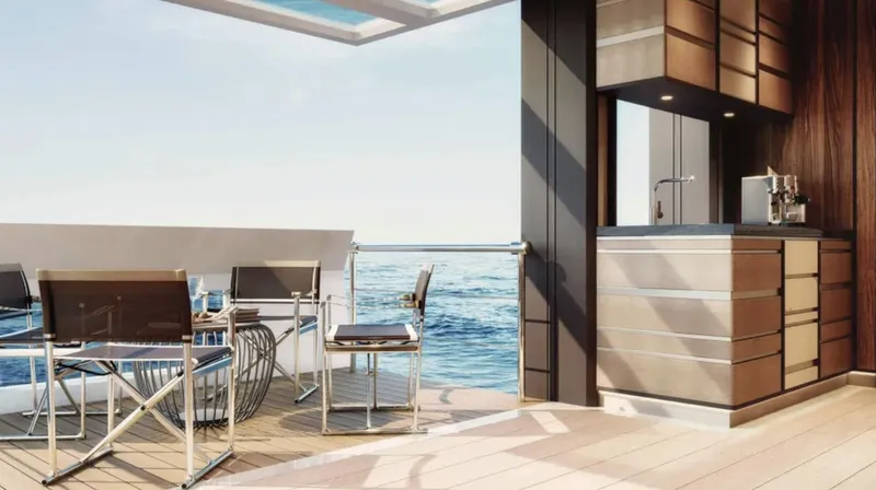  Yacht Photos Pics Luxurious Heysea Asteria 142 yacht interior with ocean view, modern seating, and sleek cabinetry, 2023 model.