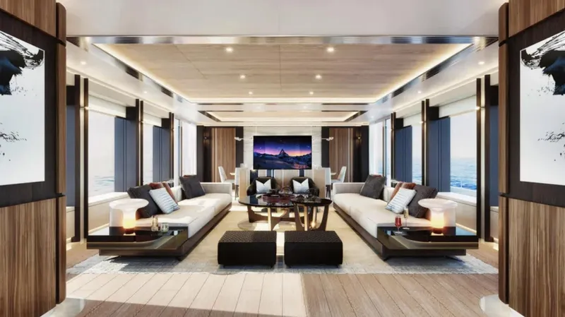  Yacht Photos Pics Luxurious interior of 2023 Heysea Asteria 142 yacht with modern decor and elegant furnishings.