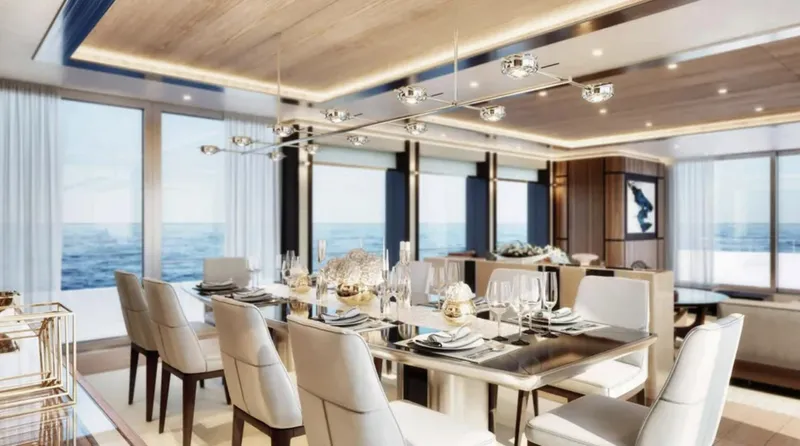  Yacht Photos Pics Luxurious dining area on 2023 Heysea Asteria 142 yacht with ocean view.