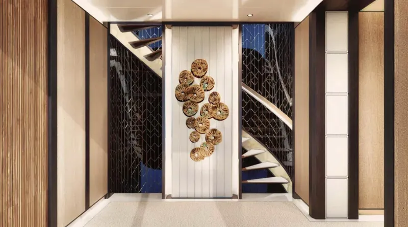  Yacht Photos Pics Luxurious interior of 2023 Heysea Asteria 142 yacht with elegant staircase and modern decor.