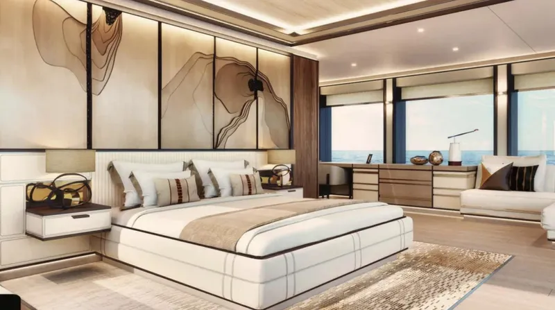  Yacht Photos Pics Luxurious bedroom interior on 2023 Heysea Asteria 142 yacht, featuring elegant decor and ocean views.
