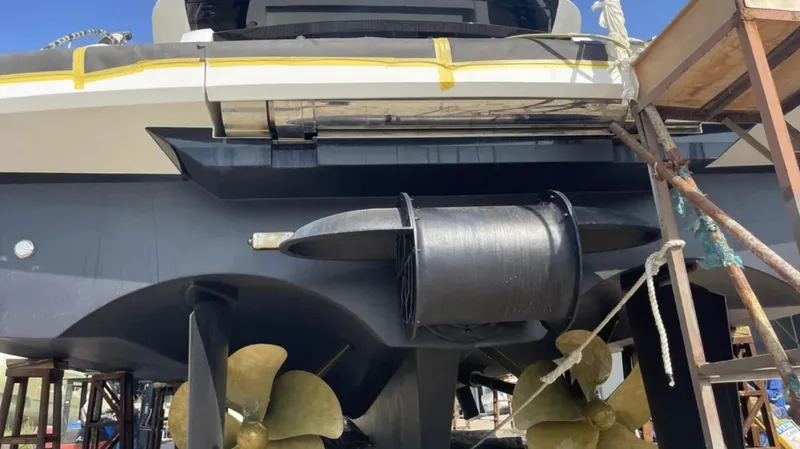  Yacht Photos Pics Heysea Asteria 142 yacht under construction, showcasing propellers and hull details, 2023 model.