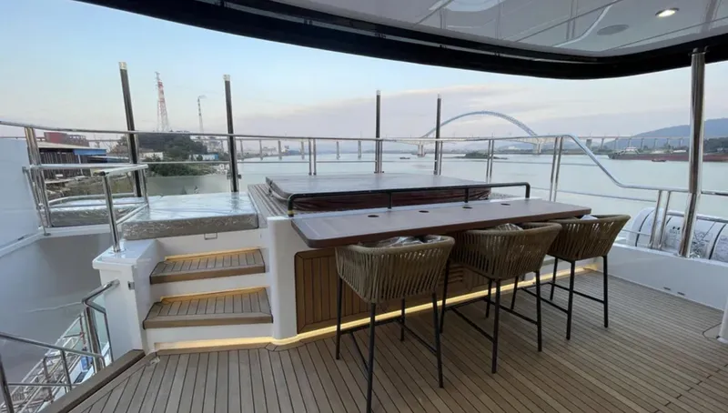  Yacht Photos Pics Luxurious Heysea Asteria 142 yacht deck with bar seating, 2023 model.