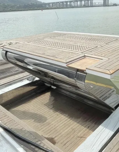  Yacht Photos Pics Heysea Asteria 142 yacht deck detail, 2023 model, with sleek design and waterfront view.