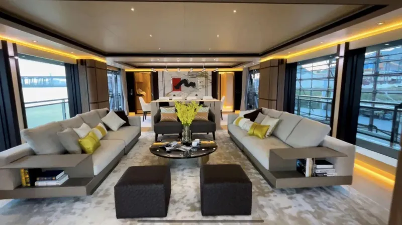  Yacht Photos Pics Luxurious interior of 2023 Heysea Asteria 142 yacht with elegant seating and modern decor.